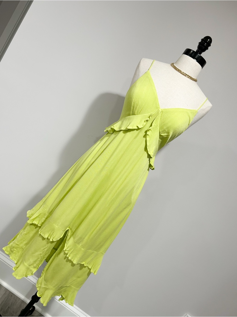 Lulu's Lime Green Ruffle Spaghetti-Strap Midi Dress